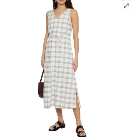 Theory Deep V Linen Blend Spring Plaid Midi Dress Size Medium in Ivory - Picture 1 of 12